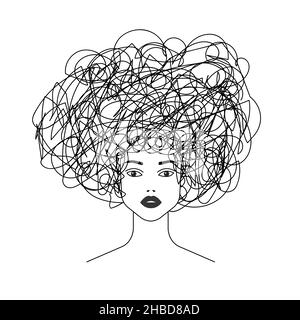 Chaos in head of woman. Anxiety, depression, bad thoughts symbol. Psychological problems, stress outline illustration. Mental disorder line sketch. Ha Stock Vector