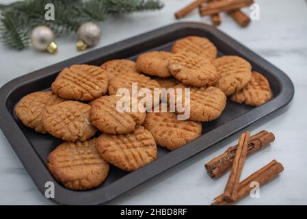 Fresh baked peanut butter cookies on a table Stock Photo