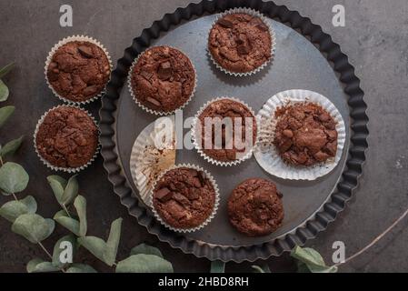 Chocolate muffins. Sweet dark cupcakes with chocolate Stock Photo