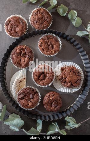 Chocolate muffins. Sweet dark cupcakes with chocolate Stock Photo