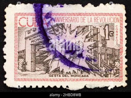 CUBA - CIRCA 1963: a stamp printed in the Cuba shows Broken Chains at Moncada, 10th Anniversary of Cuban Revolution, circa 1963 Stock Photo