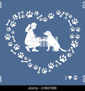 Vector illustration Woman and labrador playing together Dog gives paw on background of dog tracks, bones in the shape of heart Owner teaching pet comm Stock Vector