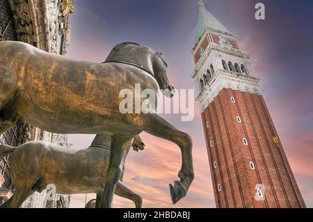 Horses of Saint Mark, St Mark's Basilica, St Mark's Square, Venice (Venezia), Veneto Region, Italy Stock Photo