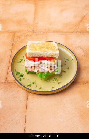 Big Club sandwich with ham, bacon, tomato, cucumber, cheese, eggs and herbs Stock Photo