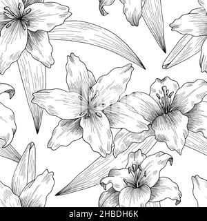Lily flower graphic black white seamless pattern sketch