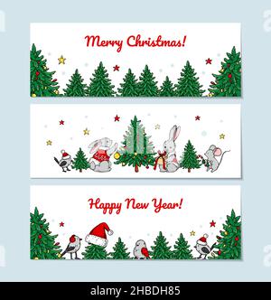 Set of horizontal Merry Christmas and Happy New Year greeting cards with cute animals and Christmas tree. Hand drawn vector illustration Stock Vector