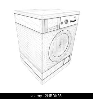 Washing machine wireframe from black lines isolated on white background. Perspective view. 3D. Vector illustration. Stock Vector