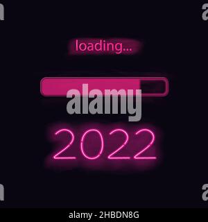 Neon progress bar showing loading of 2022 New Year. Vector background. Stock Vector