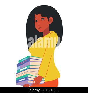 The African American girl carries many books and documents. Business lady or office worker.Vector, flat, white Stock Vector