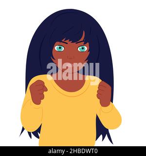The African American girl is angry. Hands, fists, aggression. Bad mood. Vector flat white Stock Vector