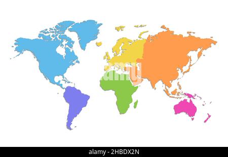 World map and continents, color map isolated on white background, blank Stock Photo