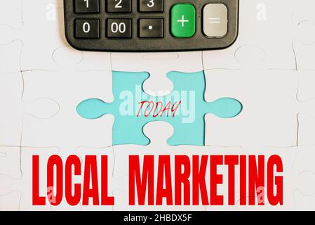 Conceptual caption Local Marketing. Word for A local business where a product buy and sell in area base Building An Unfinished White Jigsaw Pattern Stock Photo