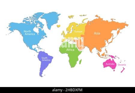 World map and continents, color map isolated on white background vector Stock Vector
