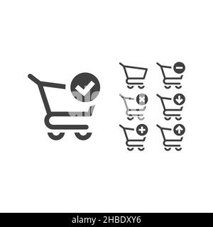Shopping cart with checkmark, arrows icon set. Filled black vector icons. Stock Vector