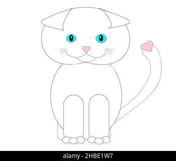 alone cute fold scottish white cat with a heart on the tail and nose on a white background, vector image Stock Vector