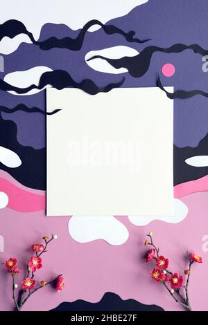 Mockup with square blank canvas. Oriental plum blossoms flowers