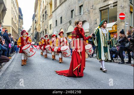 Florence, Italy - January 6, 2013: Marching band drummers in the Epiphany Day parade, with a grand procession in medieval costumes. Stock Photo