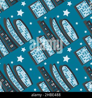Pattern, endless ribbon on a square background - a stylized night city - graphics. Megalopolis, modern architecture. Design elements - Decoration of c Stock Vector