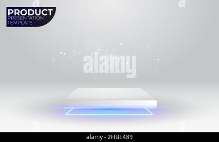 Product presentation vector mockup. Futuristic sci-fi technology white platform pedestal with neon lights. Square box, product display. Stock Vector