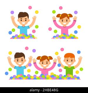 Children in ball pit. Cute cartoon boys and girl playing in a ballpit. Simple flat vector clip art illustration. Stock Vector