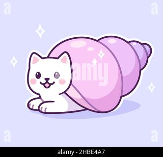 Cute cartoon cat in hermit crab shell. Kawaii fantasy kitten character. Vector clip art illustration. Stock Vector