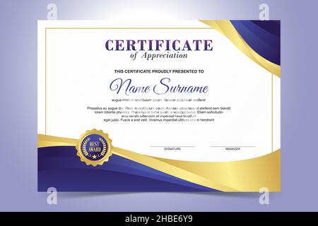 Elegant Certificate Template, flat design with purple and gold color design Stock Vector