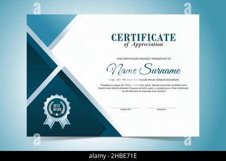 Modern Certificate Template, flat design with Blue and turquoise color design Stock Vector