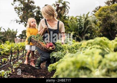 Cheerful mother smiling at her daughter while picking fresh kale in a garden. Happy single mother gathering fresh vegetables with her daughter. Self-s Stock Photo