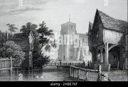 A historical view of the Abbey Church of Waltham Holy Cross and St Lawrence, and the bridge over the River Lea in Waltham Abbey, Essex, England, UK. Engraved by Barber from a drawing by Bartlett, c.1830-1850. Stock Photo