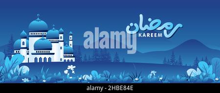 Islamic Wide Horizontal Panorama of Night landscape with mountains, meadows, and fields. Stock Vector