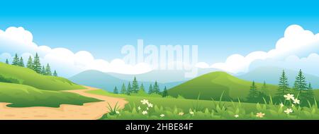 Wide Horizontal Panorama of countryside, Summer landscape with road, mountains, meadows, and fields. Stock Vector