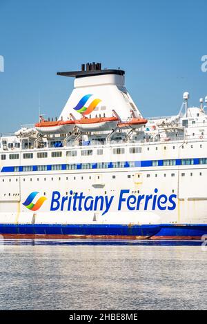 Close-up view of the side of the ferry boat 'Bretagne' from the Brittany Ferries company moored in the port of Le Havre, France. Stock Photo