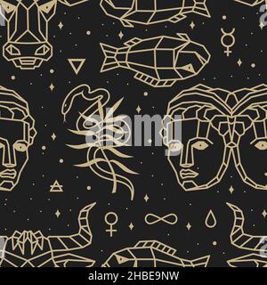 Seamless pattern - signs of the zodiac. Gold illustration of astrological signs on a dark background. Magical illustrations of women and animals in Stock Vector
