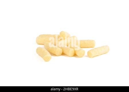 Several sweet corn sticks on a white background. Copy space. Stock Photo