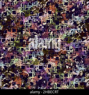 Exotic multicoloured boho geometric camouflage scatter print. Seamless autumnal dark ground detailed repeat pattern. Stock Photo