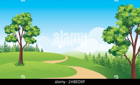 Beautiful nature landscape, Cartoon countryside landscape with mountains, meadows, and fields. Stock Vector