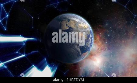 Incoming blue light moving toward spinning earth with trail light. Scientific background and abstract technology. Plexus digital dynamic wallpaper. Stock Photo