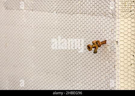 Bronze spigot emerging from a foam covered wall with construction mesh Stock Photo