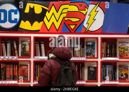Moscow, Russia. 19th December, 2021 Stand with comics are on sale at the Central Children's Store in Lubyanka Square in Moscow, Russia