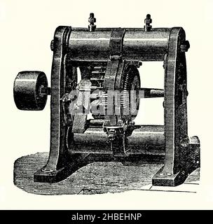 An old engraving of a magneto-electric device of the mid-1800s. It is from a Victorian book of the 1890s on discoveries and inventions during the 1800s. This particular device has horizontal electro-magnets. It was used for producing power rather than for lighting. It is based on a Gramme machine (Gramme ring, Gramme magneto, or Gramme dynamo), an electrical generator that produces direct current, named after its Belgian inventor, Zénobe Théophile Gramme (1826 –1901). It was built as either a dynamo or a magneto. It was the first generator to produce enough power for industrial use. Stock Photo