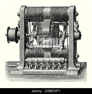 An old engraving of a Gramme Machine, a magneto-electric device of the mid-1800s. It is from a Victorian book of the 1890s on discoveries and inventions during the 1800s. This particular device has horizontal electro-magnets. It was used for lighting. A Gramme machine (Gramme ring, Gramme magneto, or Gramme dynamo) is an electrical generator that produces direct current, named after its Belgian inventor, Zénobe Théophile Gramme (1826 –1901). It was built as either a dynamo or a magneto. It was the first generator to produce enough power for industrial use. Stock Photo