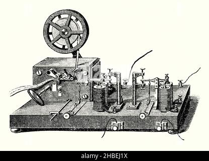 An old engraving of Morse Recording Telegraph of the 1830s. It is from a Victorian book of the 1890s on discoveries and inventions during the 1800s. American Samuel Morse (1791–1872) independently developed and patented a recording electric telegraph in 1837. Morse's assistant Alfred Vail developed an instrument that was called the register for recording the received messages. It embossed dots and dashes on a moving paper tape by a stylus (centre left) which was operated by an electromagnet. The tape is fed from a spool by a clockwork motor (left). Stock Photo