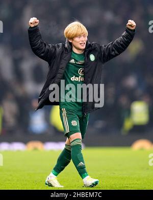 Celtic's Kyogo Furuhashi celebrates after winning the Premier Sports Cup Final at Hampden Park, Glasgow. Picture date: Sunday December 19, 2021. Stock Photo