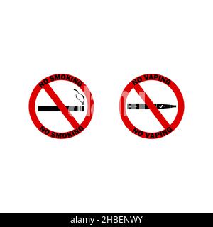NO VAPING and SMOKING ALLOWED vector signs. Flat icons in red circle. Stock Vector