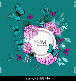 Round frame made of flowers and butterflies. Postcard for text. Vector ...