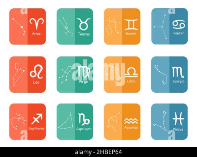 Zodiac sign symbols vector with captions on colorful buttons - twelve star signs Stock Vector