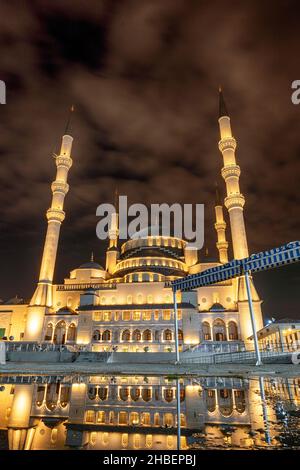 Kocatepe Mosque in Ankara, the capital city of Turkey - Night shot in a rainy day Stock Photo