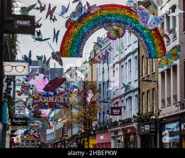 Carnaby Street’s Christmas lights 3D butterflies. A metaphor for spiritual rebirth, transformation, change and hope. Stock Photo