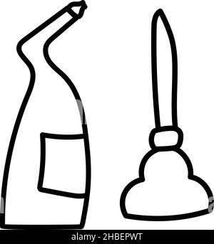 pipe cleaner and plunger set for cleaning pipes and sewers vector illustration doodle style Stock Vector
