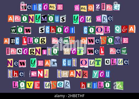 Vector illustration of colorful alphabet with lowercase and uppercase letters and numbers made in newspaper style isolated on purple background Stock Vector
